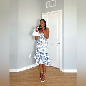 Club L London Blue and White Floral Midi Dress